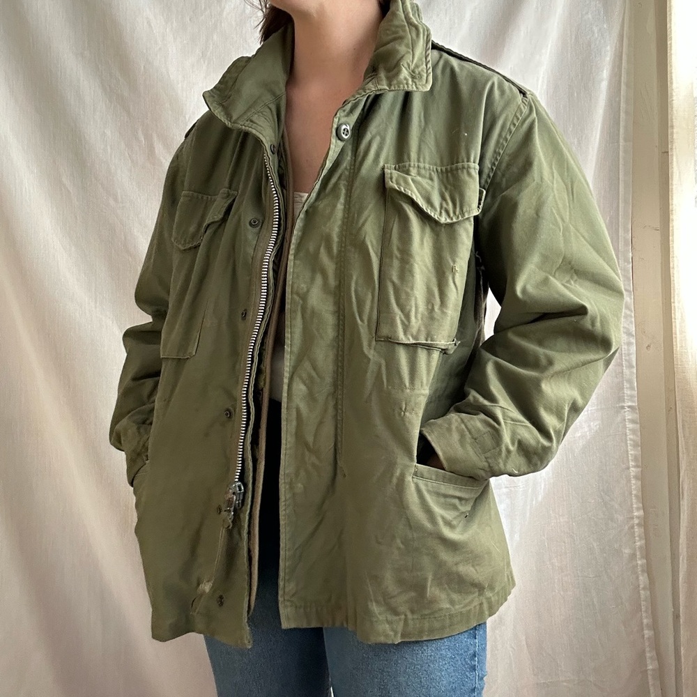 Vintage Vietnam Era 1970s Military M-65 OG Field Coat with Removable Camo Liner